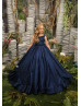 Navy Blue Sequin Sparkle Floor Length Flower Girl Dress